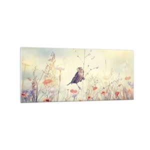 Impression sur verre - Image sur verre - Un oiseau sur fond de prairie colorée aux couleurs pastel - 120x50cm - Portrait d'oiseau sur pré en fond - Décoration murale moderne pour le salon et la chambre ARTTOR