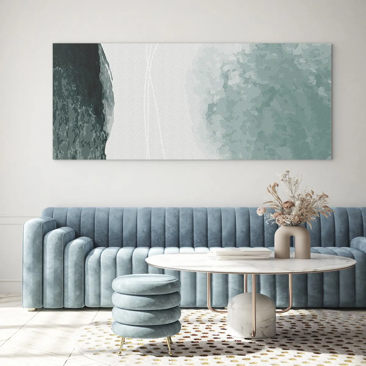 Impression sur verre - Image sur verre - Une délicate composition abstraite dans des tons de vert avec des formes subtiles sur un fond clair. - 160x50cm - Rencontre avec le brouillard - Décoration murale moderne pour le salon et la chambre ARTTOR