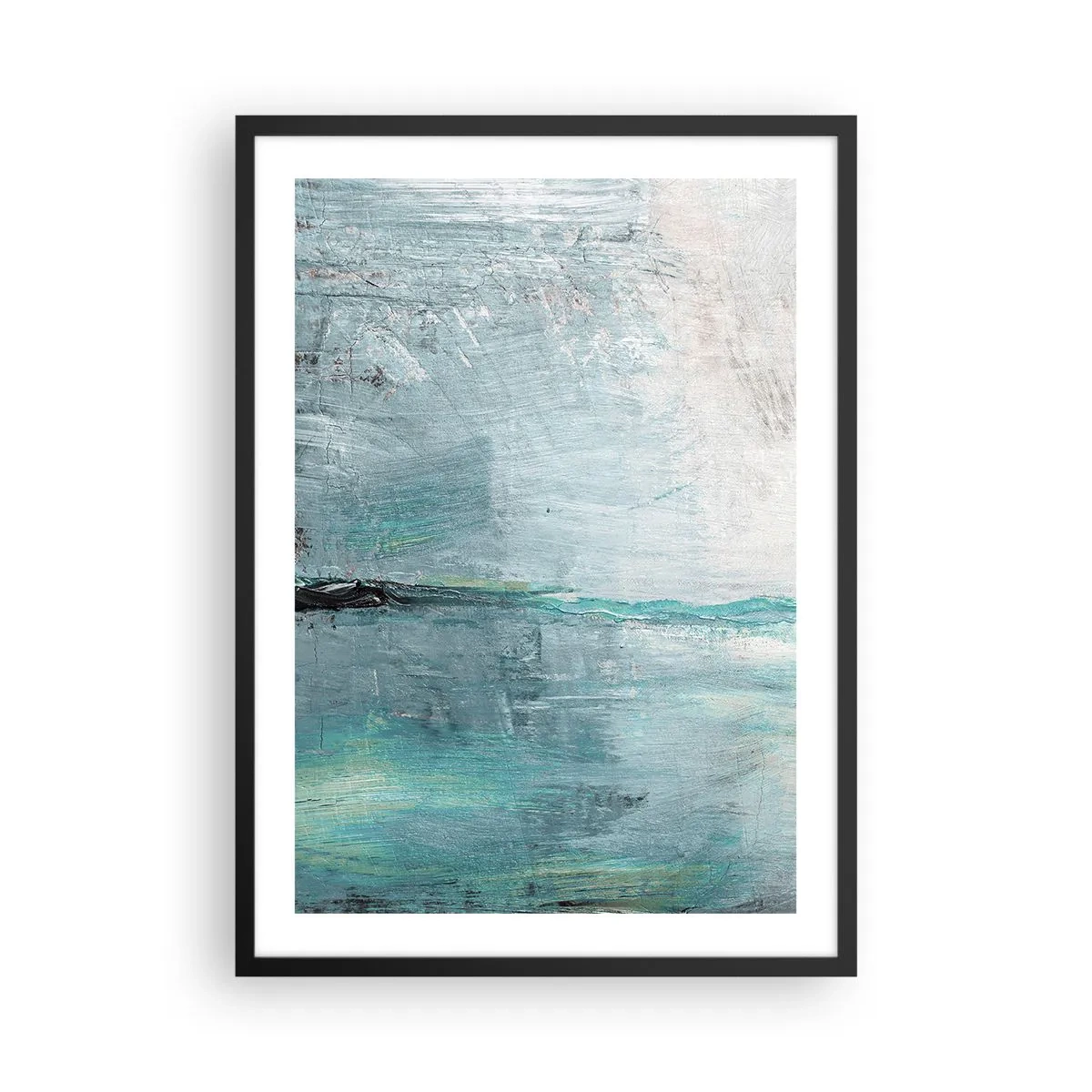 Affiche dans un cadre noir - Poster - Paysage abstrait dans les tons de bleu et de gris - 50x70cm - Horizontalement en bleu - Décoration murale moderne pour le salon et la chambre ARTTOR