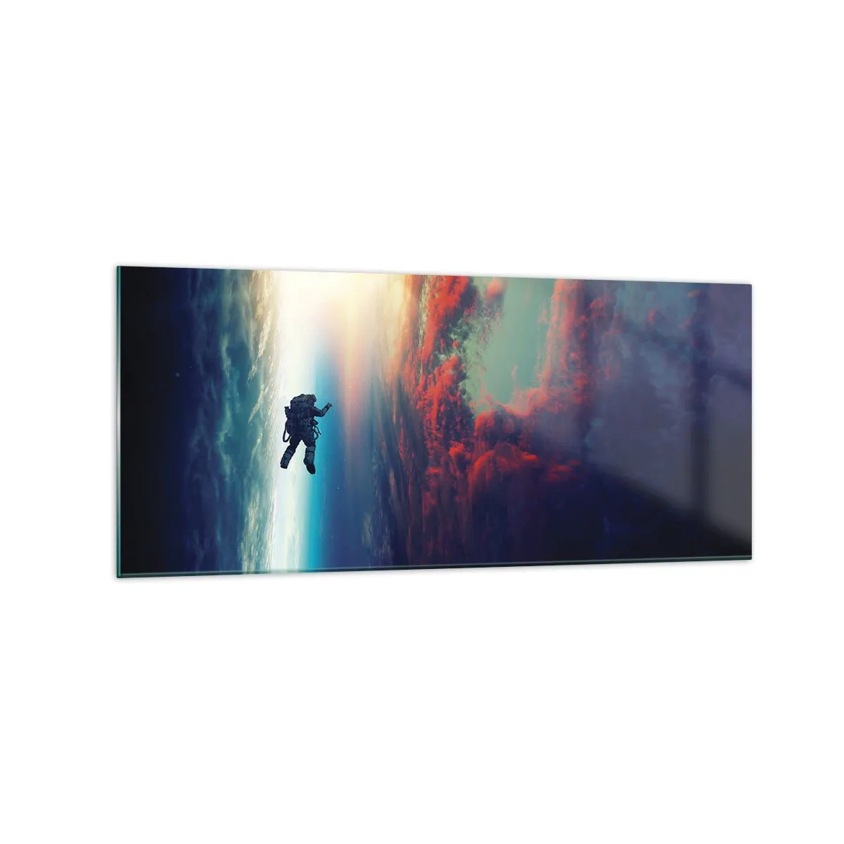 Impression sur verre - Image sur verre - Un astronaute flottant dans l'espace au-dessus d'une Terre colorée - 120x50cm - Affronter l'univers - Décoration murale moderne pour le salon et la chambre ARTTOR