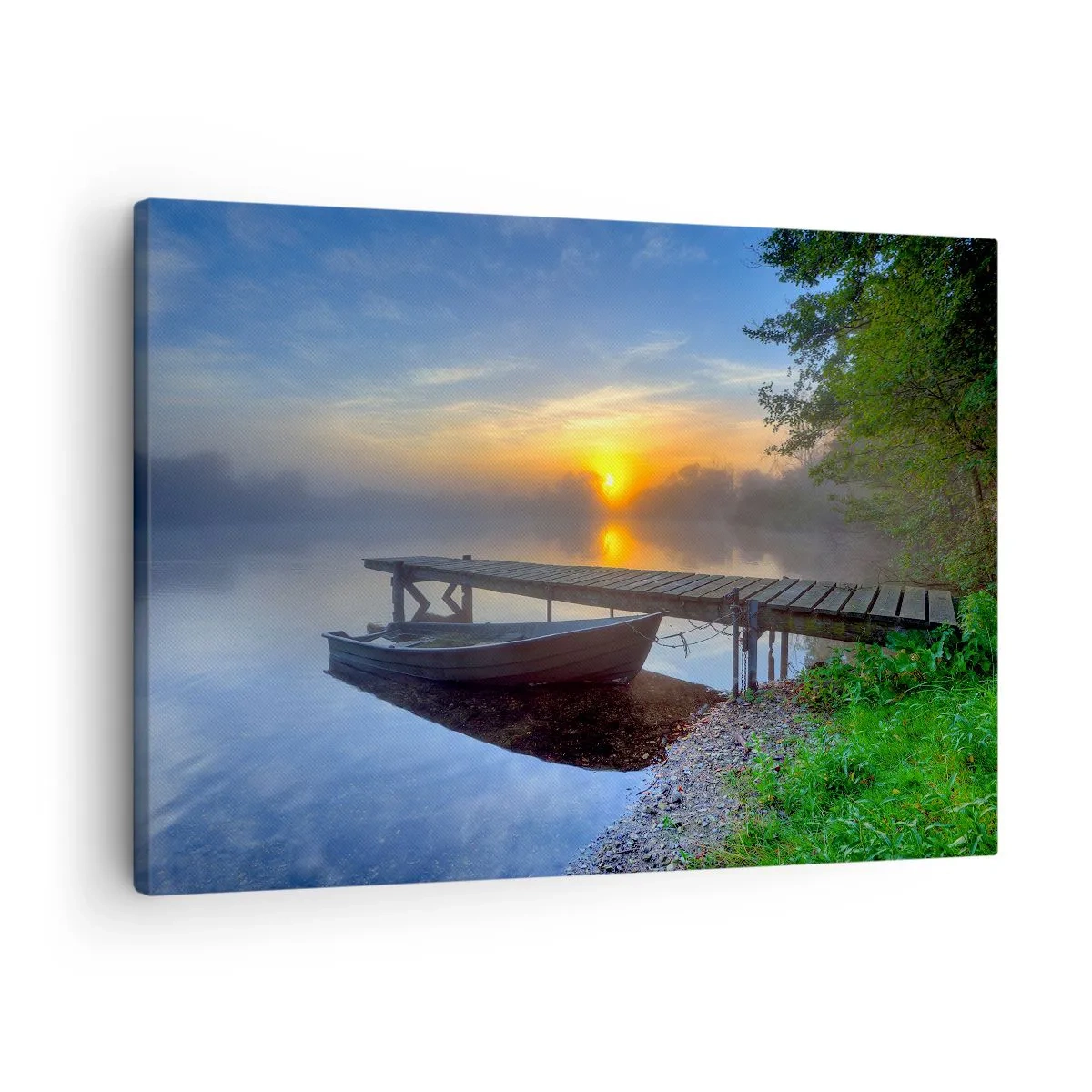 Impression sur toile - Image sur toile - Une jetée au bord du lac au lever du soleil avec un bateau sur le rivage - 70x50cm - Comment l'ordinaire se transforme en magie - Décoration murale moderne pour le salon et la chambre ARTTOR