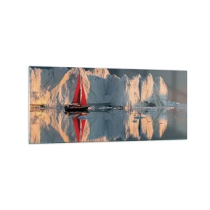 Impression sur verre - Image sur verre - Un voilier avec une voile rouge sur fond de glacier - 120x50cm - Aux limites du monde - Décoration murale moderne pour le salon et la chambre ARTTOR