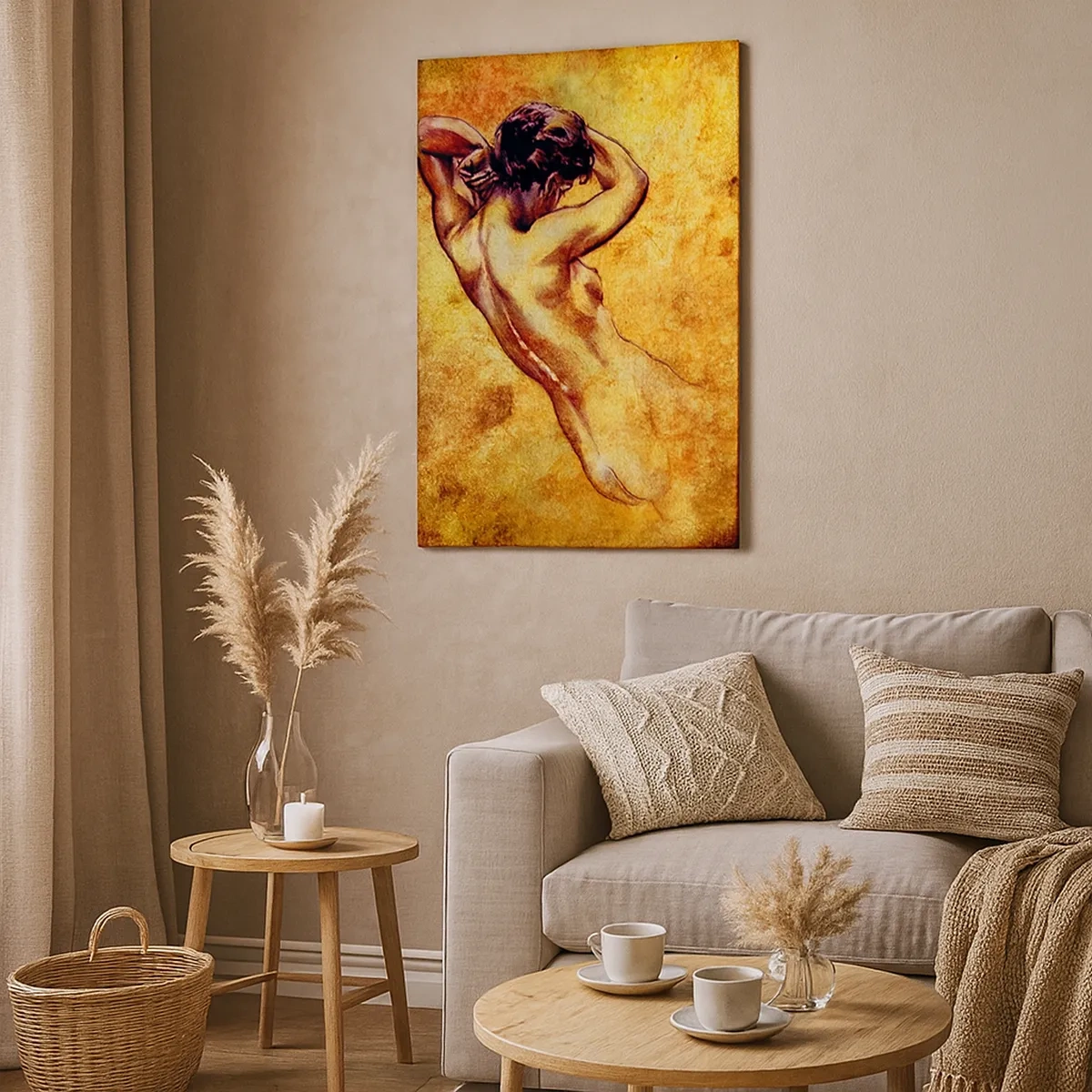 Impression sur toile - Image sur toile - Nu féminin artistique sur fond doré dans un style classique - 50x70cm - Découverte, mais toujours mystèrieuse - Décoration murale moderne pour le salon et la chambre ARTTOR