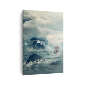 Impression sur toile - Image sur toile - Un paysage mystérieux avec un château, des montagnes et un navire - 70x100cm - Dans l'eau magique - Décoration murale moderne pour le salon et la chambre ARTTOR