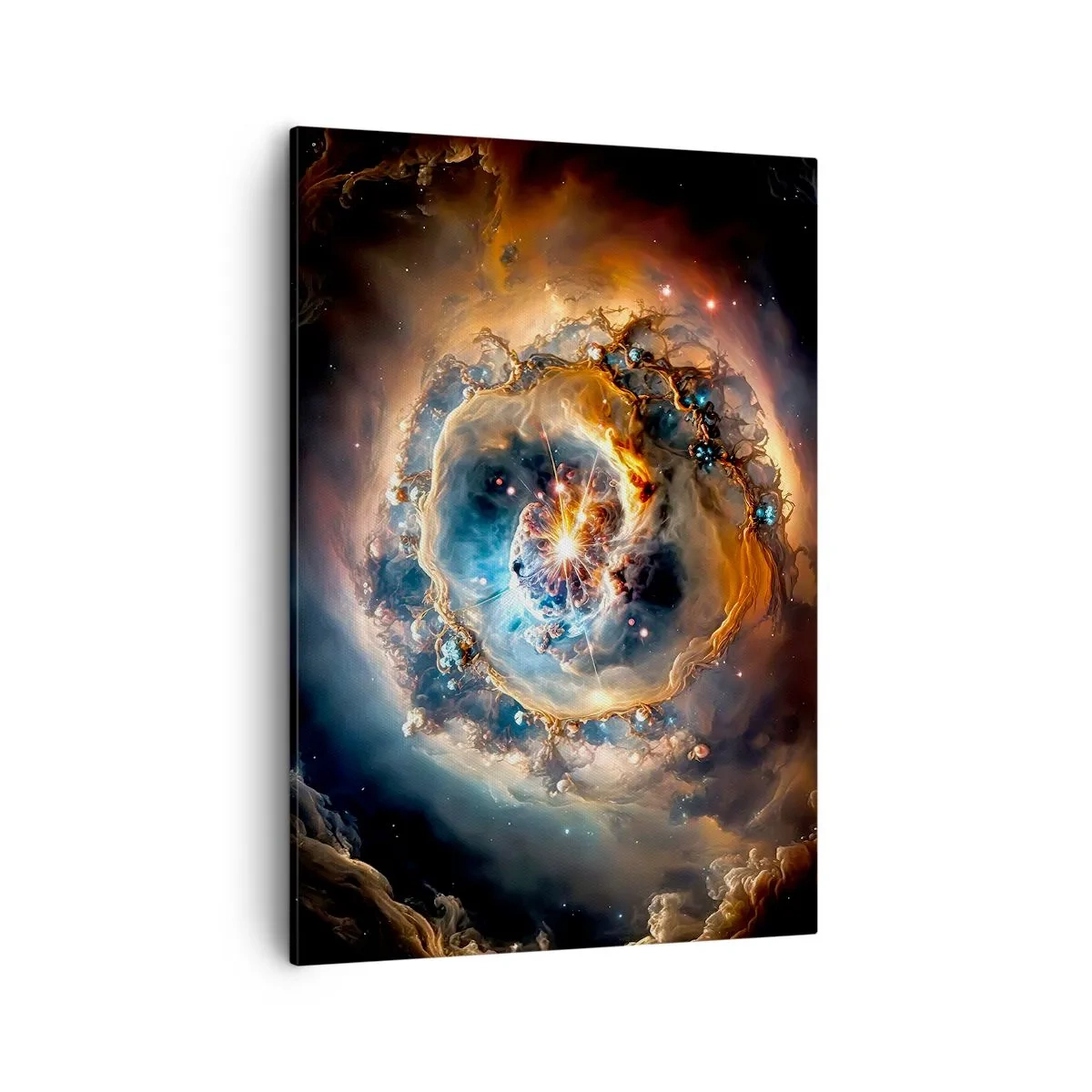 Impression sur toile - Image sur toile - Une vision abstraite d'une explosion cosmique dans des tons d'or et de bleu. - 50x70cm - Le début - Décoration murale moderne pour le salon et la chambre ARTTOR