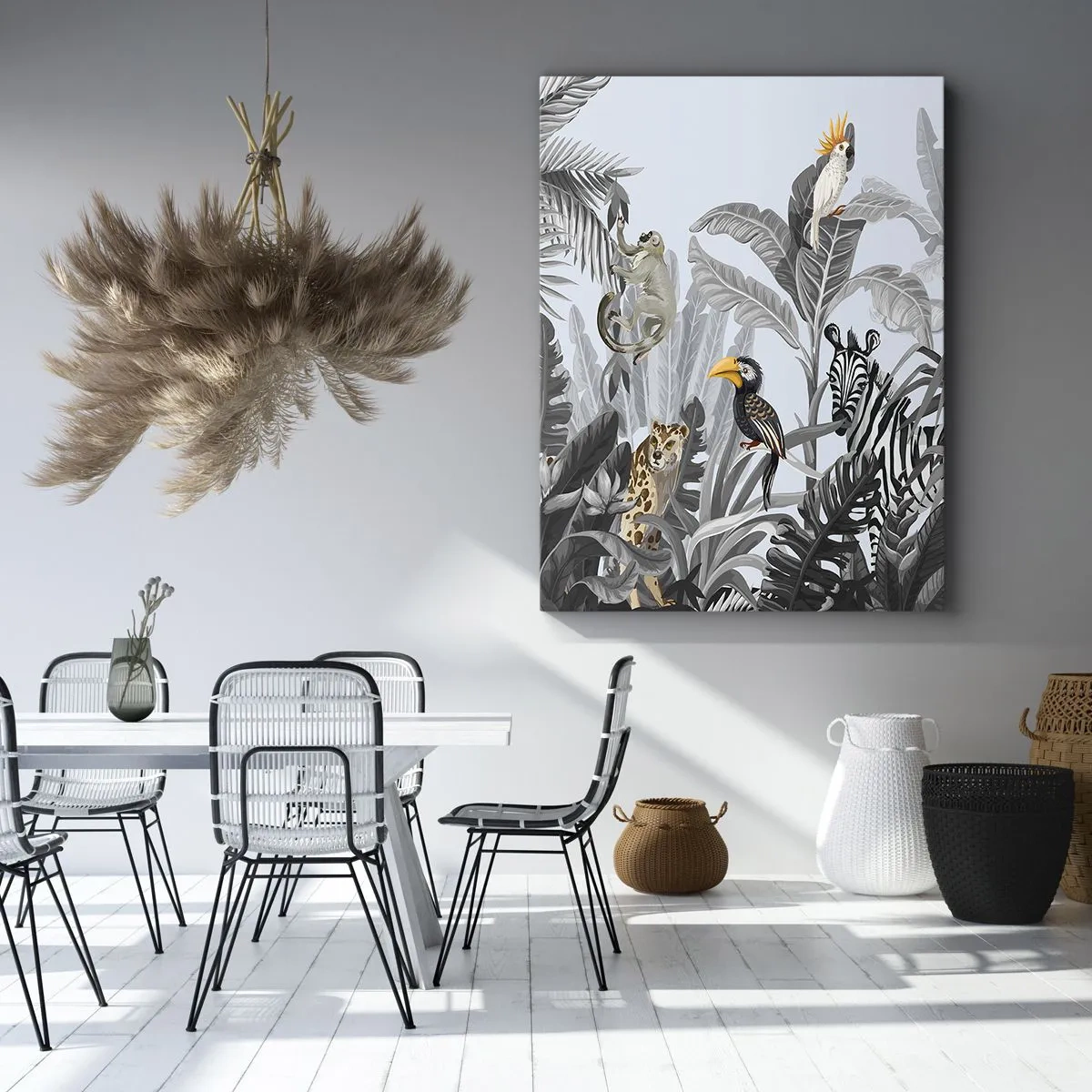 Impression sur toile - Image sur toile - Jungle tropicale avec des animaux exotiques sur fond gris - 80x120cm - Conte de fées africain - Décoration murale moderne pour le salon et la chambre ARTTOR