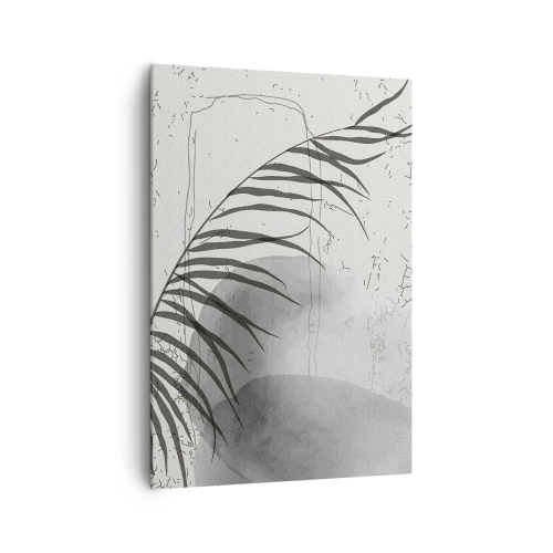 Impression sur toile - Image sur toile - Un délicat motif de feuille de palmier sur un fond clair dans un style scandinave. - 70x100cm - L'exotisme subtil de la nature - Décoration murale moderne pour le salon et la chambre ARTTOR