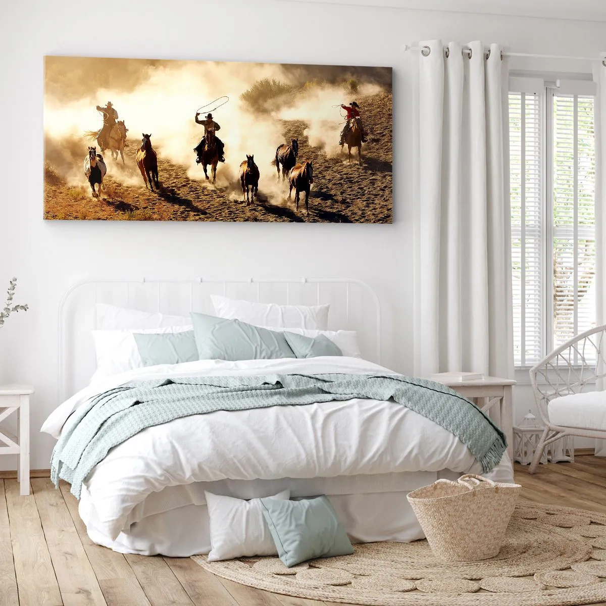 Impression sur toile - Image sur toile - Cowboys à cheval en action sur un terrain désertique - 160x50cm - L'ouest vraiment sauvage - Décoration murale moderne pour le salon et la chambre ARTTOR