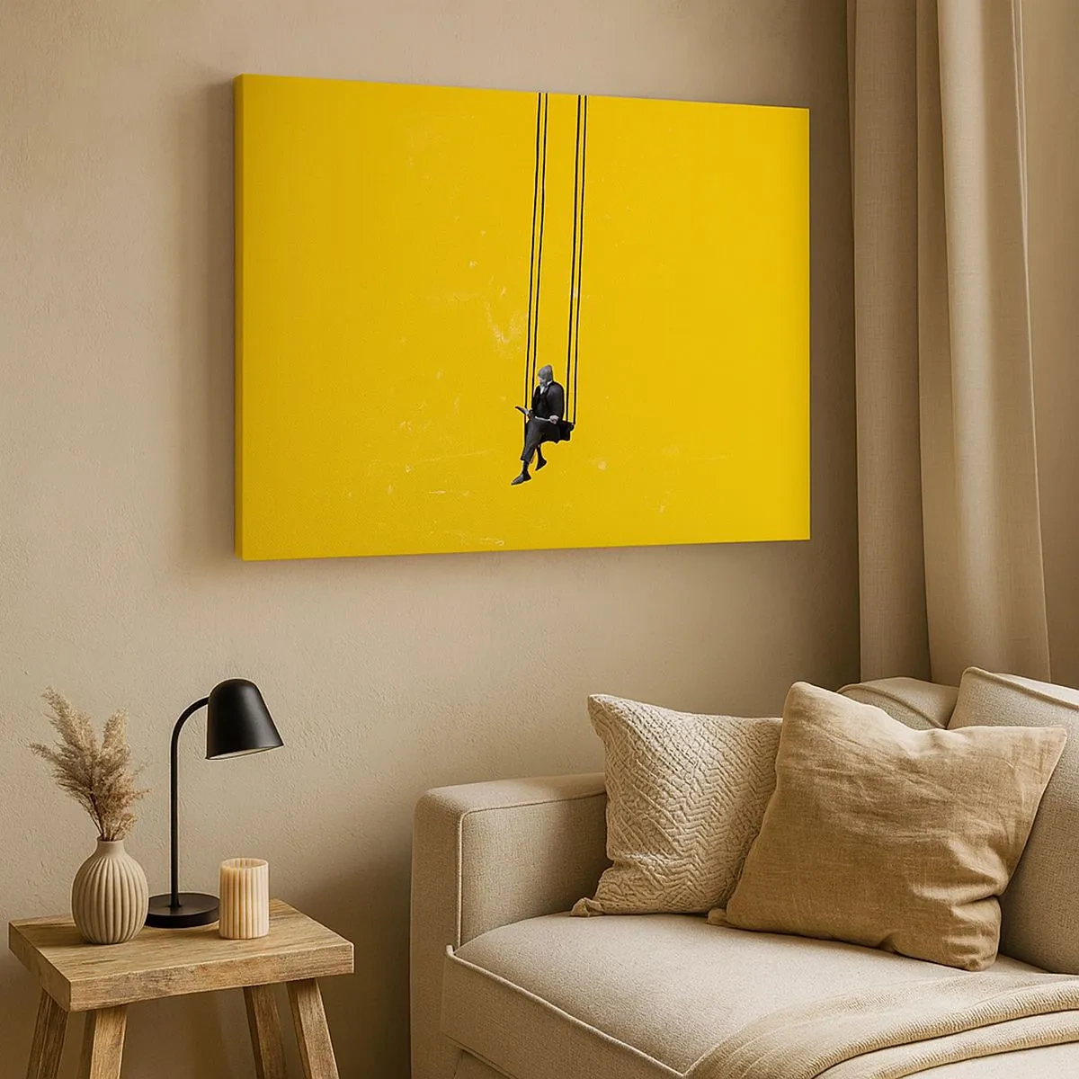 Impression sur toile - Image sur toile - Une personne sur une balançoire sur un fond jaune intense - 70x50cm - Un jour comme tous les jours - Décoration murale moderne pour le salon et la chambre ARTTOR