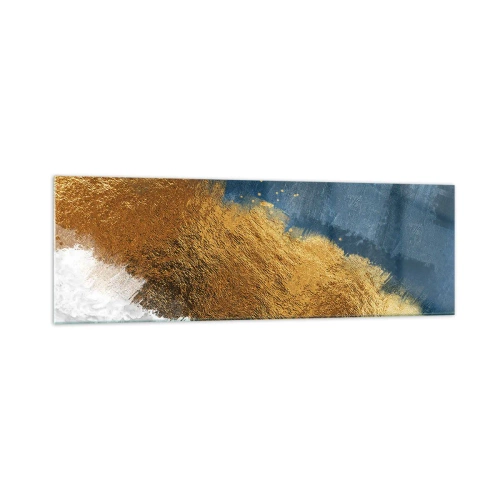 Impression sur verre - Image sur verre - Une composition abstraite dans des tons d'or, de bleu et de blanc. - 160x50cm - Les couleurs de l’été - Décoration murale moderne pour le salon et la chambre ARTTOR