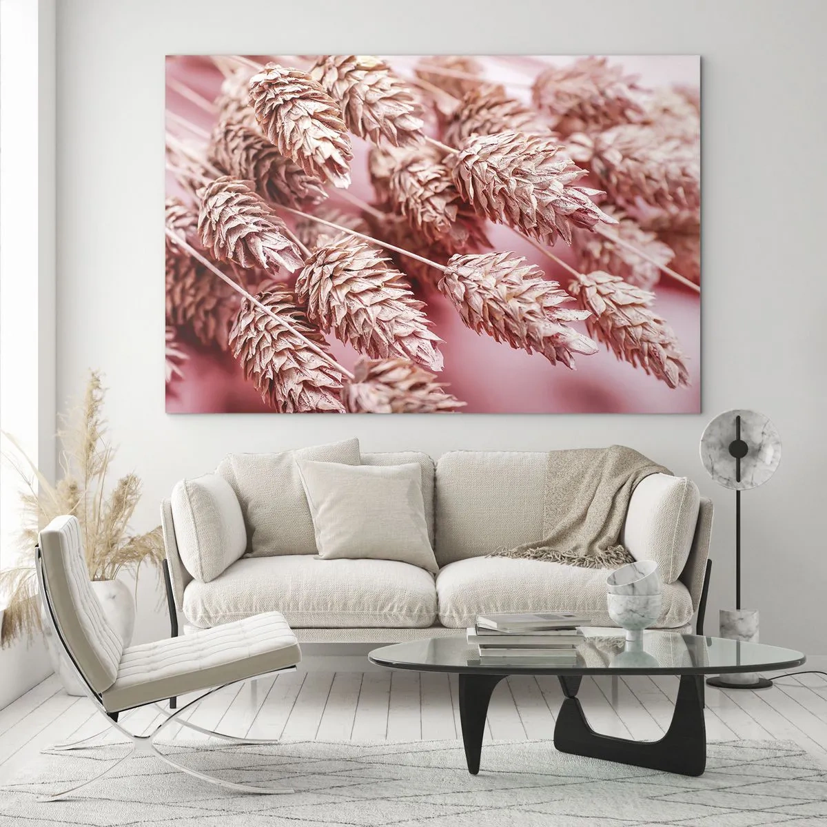 Impression sur verre - Image sur verre - Épis de maïs séchés dans des tons de rose sur fond pastel - 70x50cm - Une cascade florale en rose - Décoration murale moderne pour le salon et la chambre ARTTOR