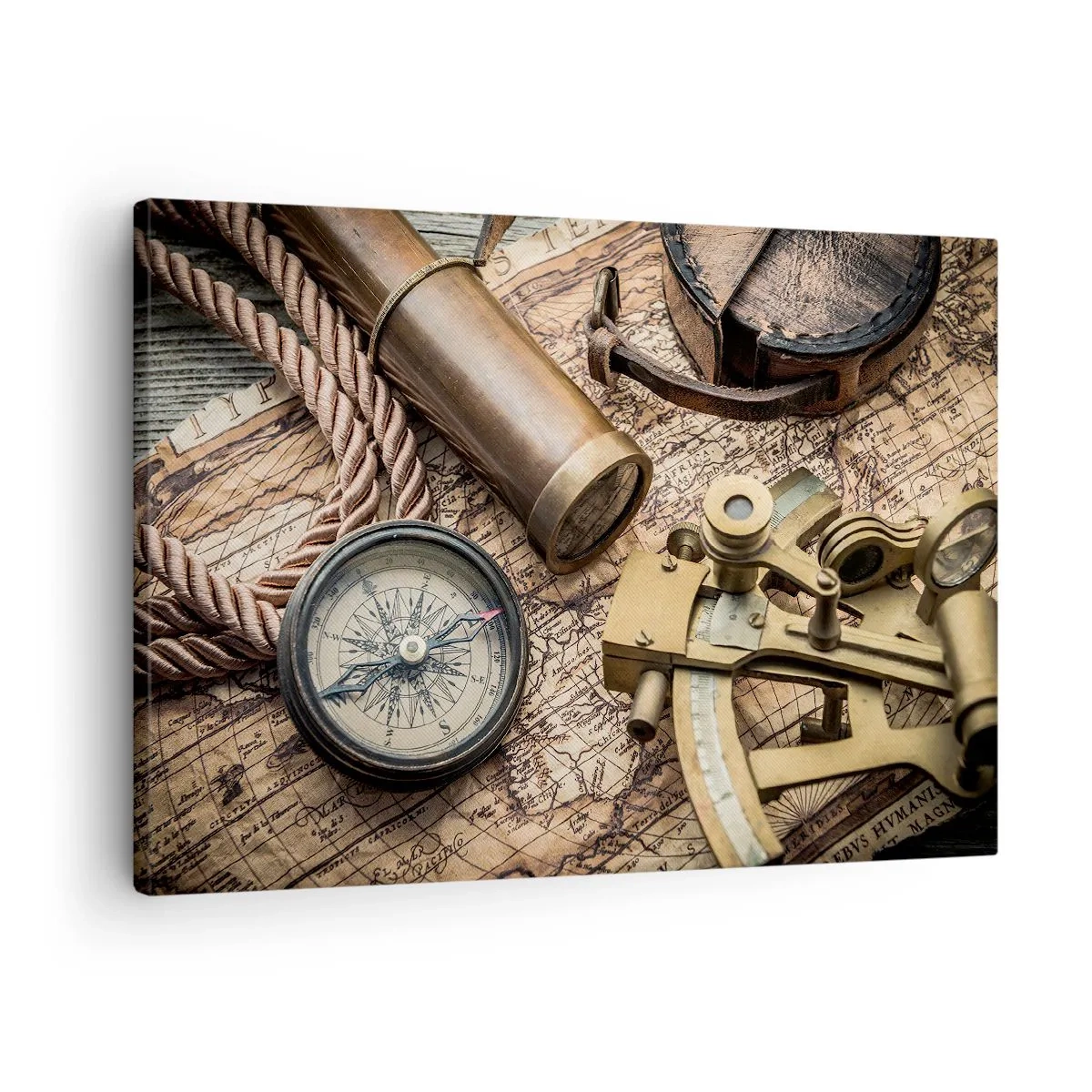 Impression sur toile - Image sur toile - Une boussole, un sextant et un télescope sur fond de vieille carte et de corde nautique. - 70x50cm - Fixer un cap - Décoration murale moderne pour le salon et la chambre ARTTOR