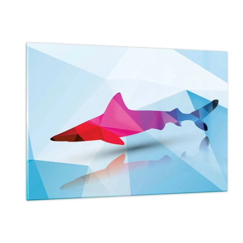 Impression sur verre - Image sur verre - Requin géométrique dans les tons de rouge et de bleu - 120x80cm - Un requin dans un espace de cristal - Décoration murale moderne pour le salon et la chambre ARTTOR