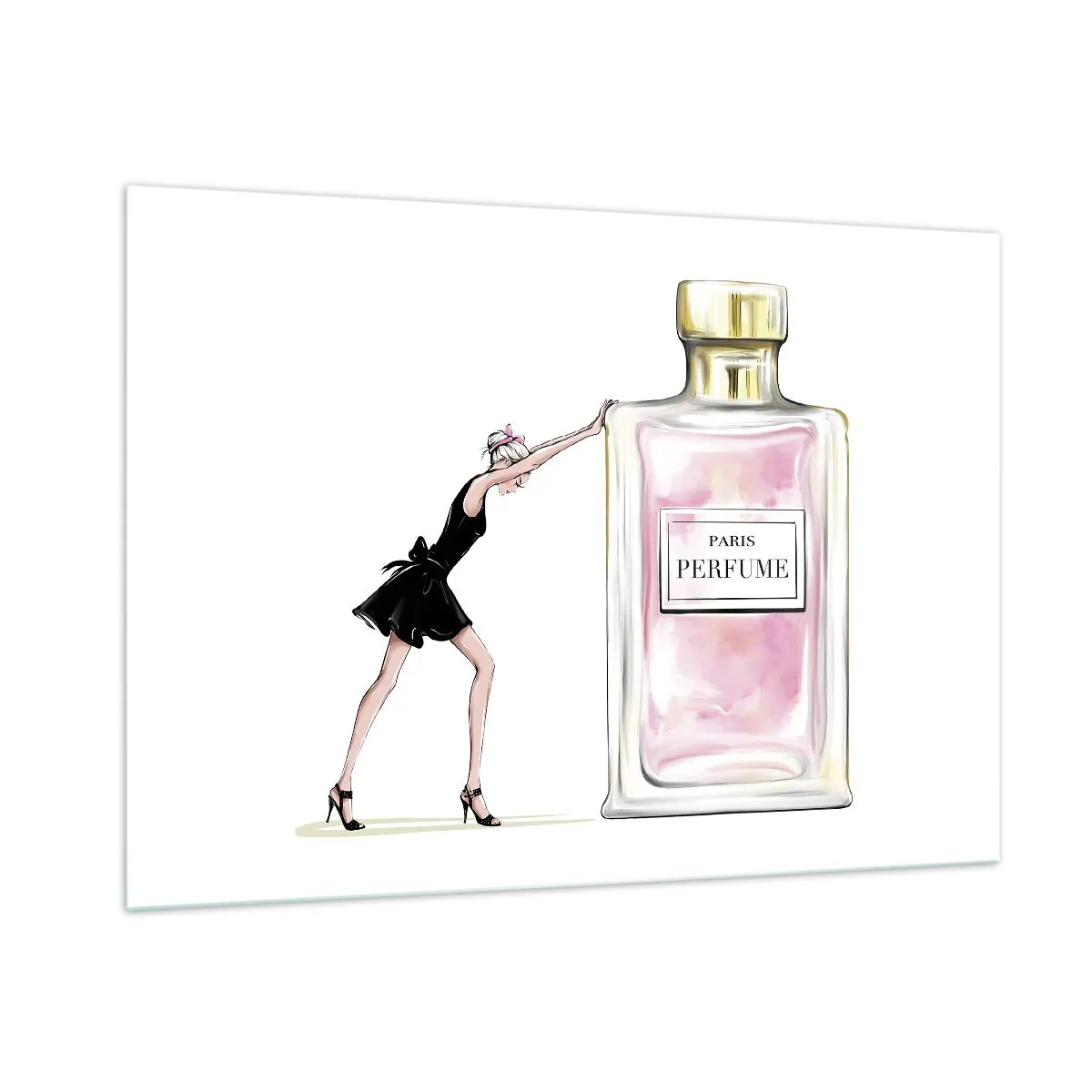 Impression sur verre - Image sur verre - Une femme en robe noire à côté d'un grand flacon de parfum - 100x70cm - L'essence des femmes - Décoration murale moderne pour le salon et la chambre ARTTOR