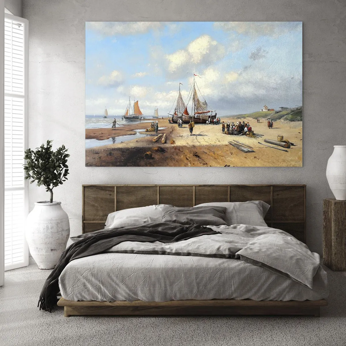Impression sur verre - Image sur verre - Scène de plage avec des bateaux de pêche et des pêcheurs - 70x50cm - Après une capture réussie - Décoration murale moderne pour le salon et la chambre ARTTOR