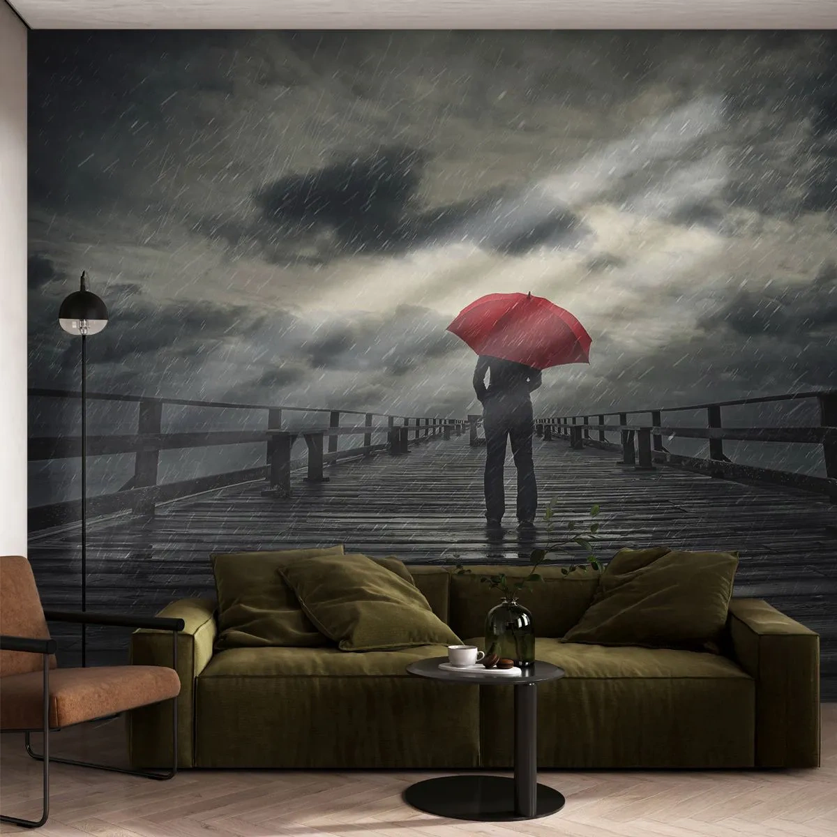 Papier Peint Photo Standard Eco - Peu importe qu'il pleuve - Jetée en bois, Mer, Marcher sous la pluie - 500x350 cm