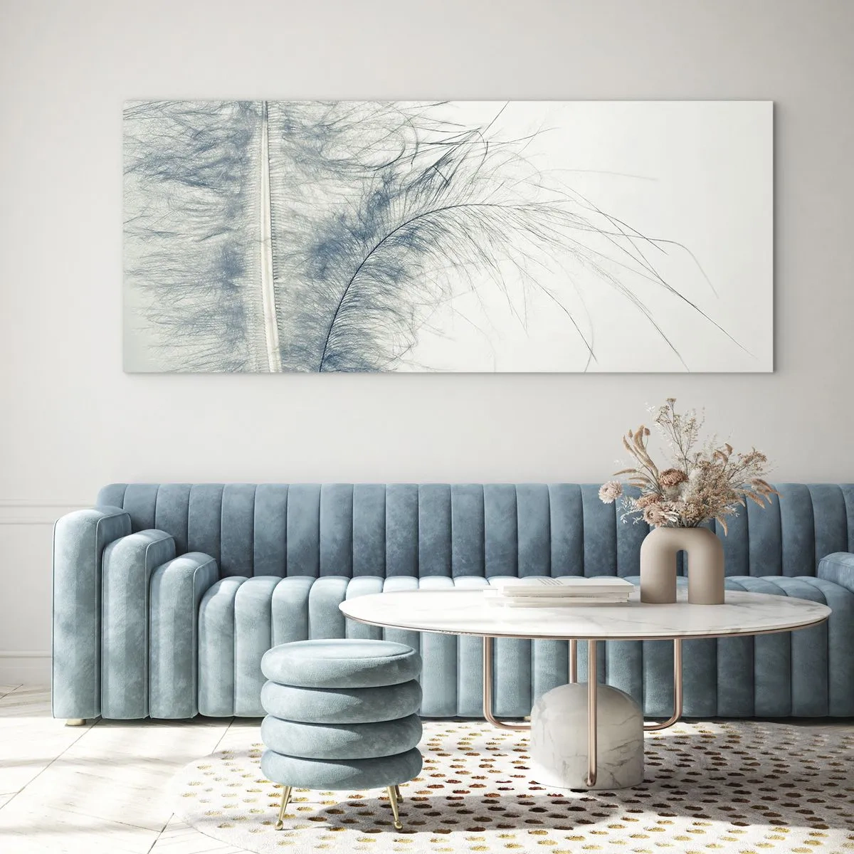 Impression sur verre - Image sur verre - Une plume délicate aux tons pastel sur fond clair - 120x50cm - Les sept natures - Décoration murale moderne pour le salon et la chambre ARTTOR