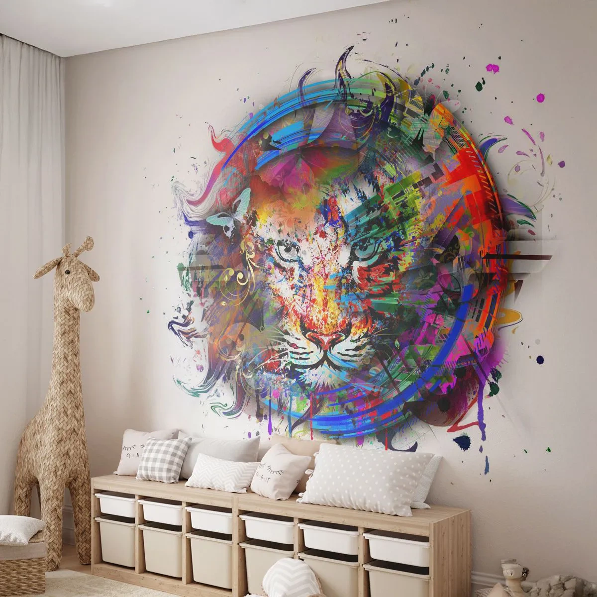 Papier Peint Photo Premium Canvas - Il se cache derrière un voile arc-en-ciel - Abstraction, Tigre, Graphique - 250x175 cm