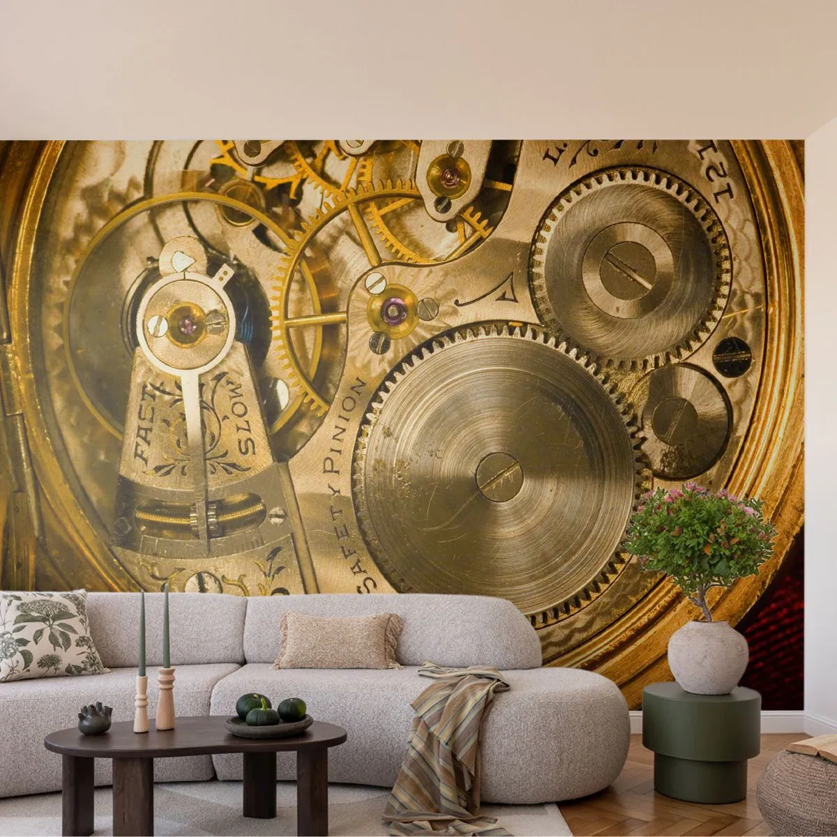 Papier Peint Photo Premium Sand - Marcher avec son temps - Horloge, Mécanisme d'horloge, Ancien - 400x280 cm