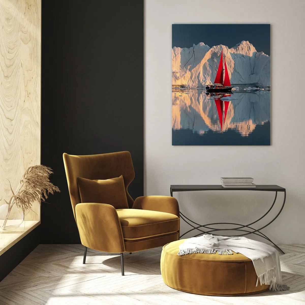 Impression sur verre - Image sur verre - Un voilier avec une voile rouge sur fond de glacier - 80x120cm - Aux limites du monde - Décoration murale moderne pour le salon et la chambre ARTTOR