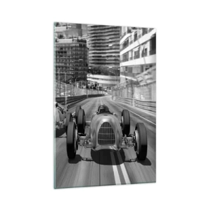 Impression sur verre - Image sur verre - Scène de course automobile rétro monochrome - 80x120cm - Il y a longtemps à Monté Carlo - Décoration murale moderne pour le salon et la chambre ARTTOR