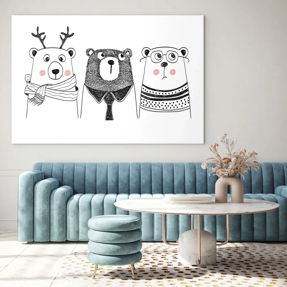 Impression sur verre - Image sur verre - Trois ours drôles dans une illustration en noir et blanc - 100x70cm - Ours en peluche, petit ours en peluche et doudou - Décoration murale moderne pour le salon et la chambre ARTTOR