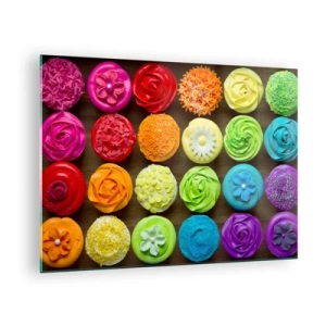 Impression sur verre - Image sur verre - Cupcakes colorés avec décorations sur fond en bois - 70x50cm - Tous différents - tous délicieux - Décoration murale moderne pour le salon et la chambre ARTTOR
