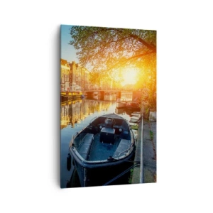 Impression sur toile - Image sur toile - Canal d'Amsterdam au coucher du soleil - 80x120cm - Début de journée à Amsterdam - Décoration murale moderne pour le salon et la chambre ARTTOR