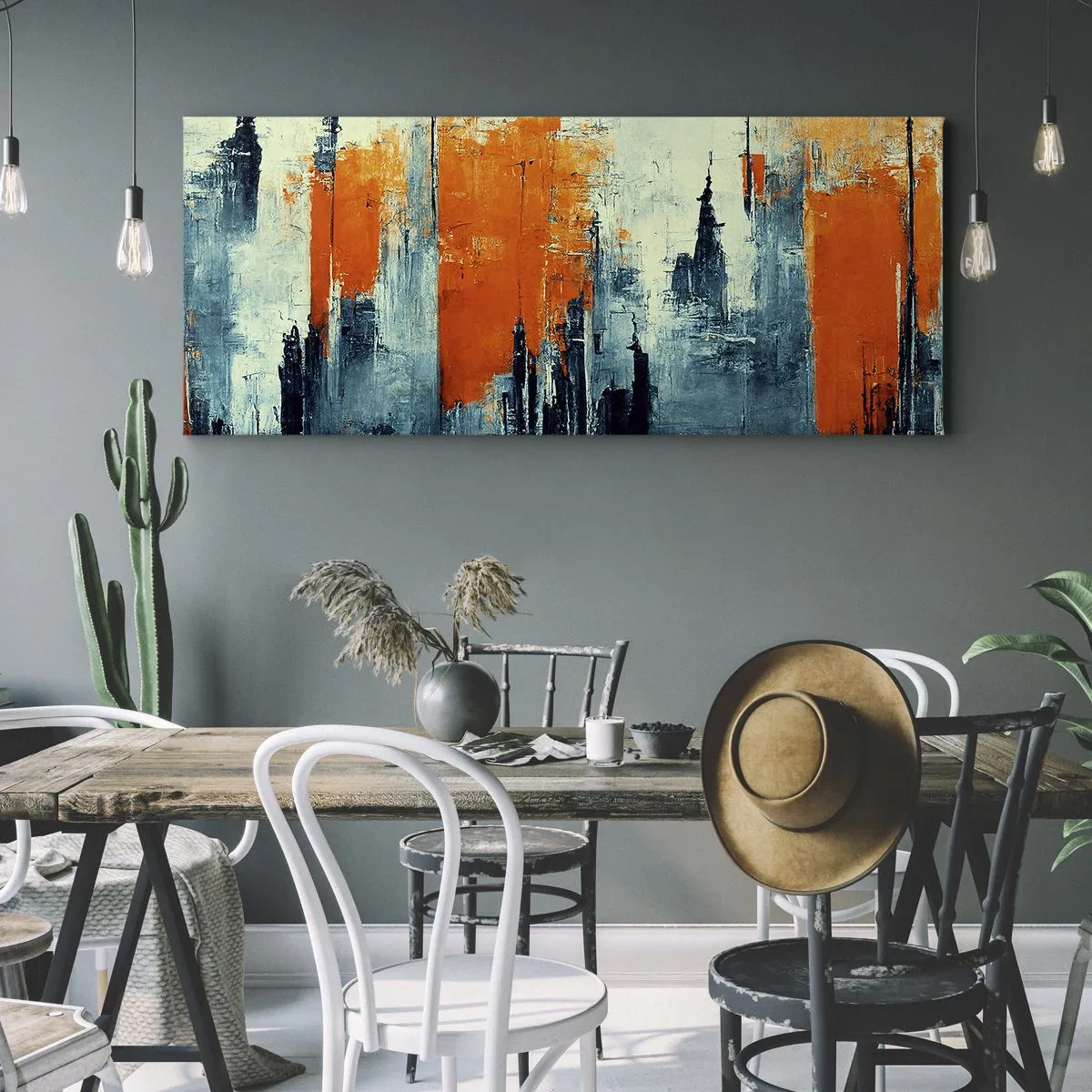 Impression sur toile - Image sur toile - Paysage urbain abstrait dans des tons orange et bleu - 160x50cm - Paysage moderne - Décoration murale moderne pour le salon et la chambre ARTTOR