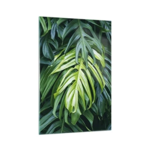 Impression sur verre - Image sur verre - Feuilles vertes dans un arrangement tropical dense - 70x100cm - Immergez-vous dans la fraîcheur - Décoration murale moderne pour le salon et la chambre ARTTOR