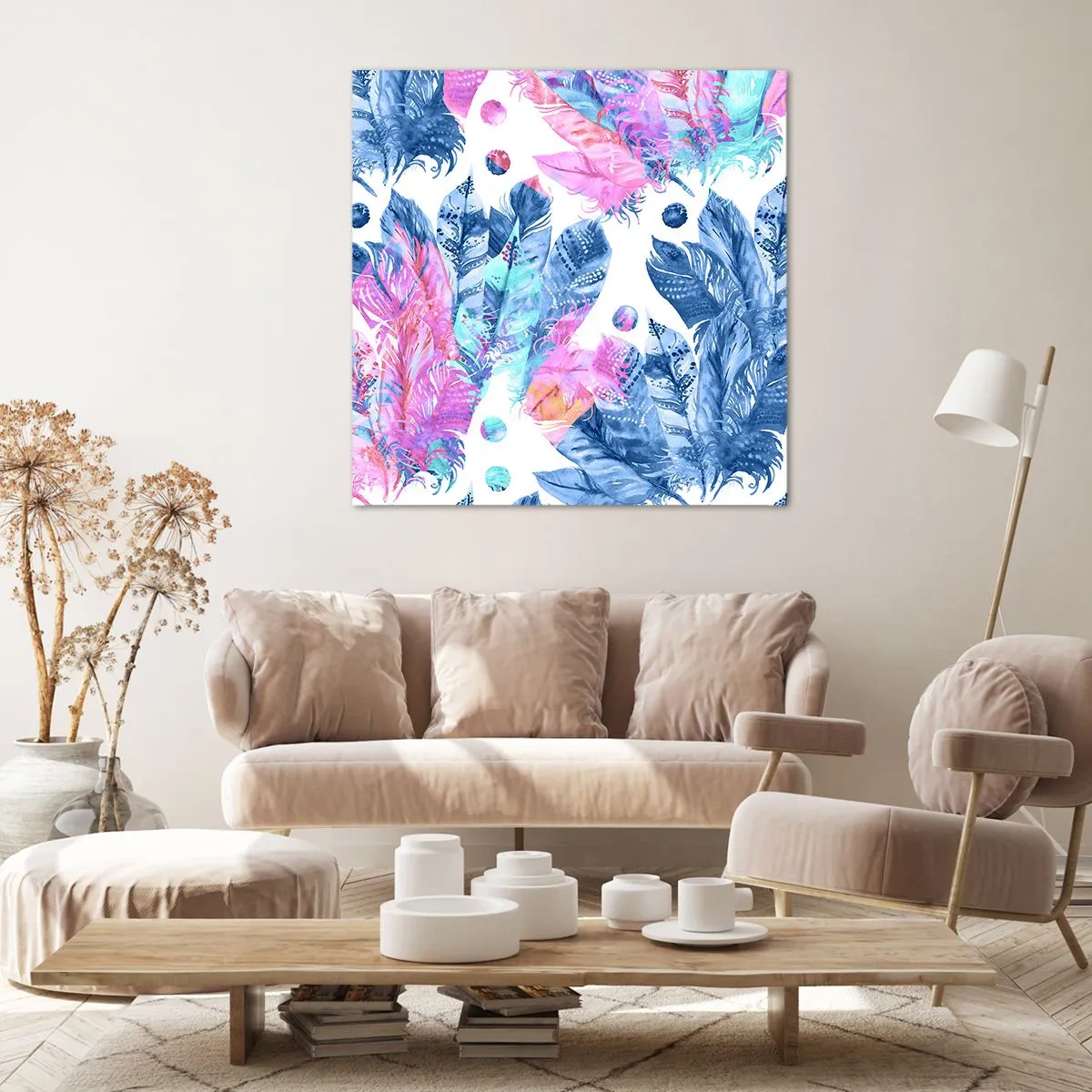Impression sur toile - Image sur toile - Plumes en rose et bleu - 40x40 cm