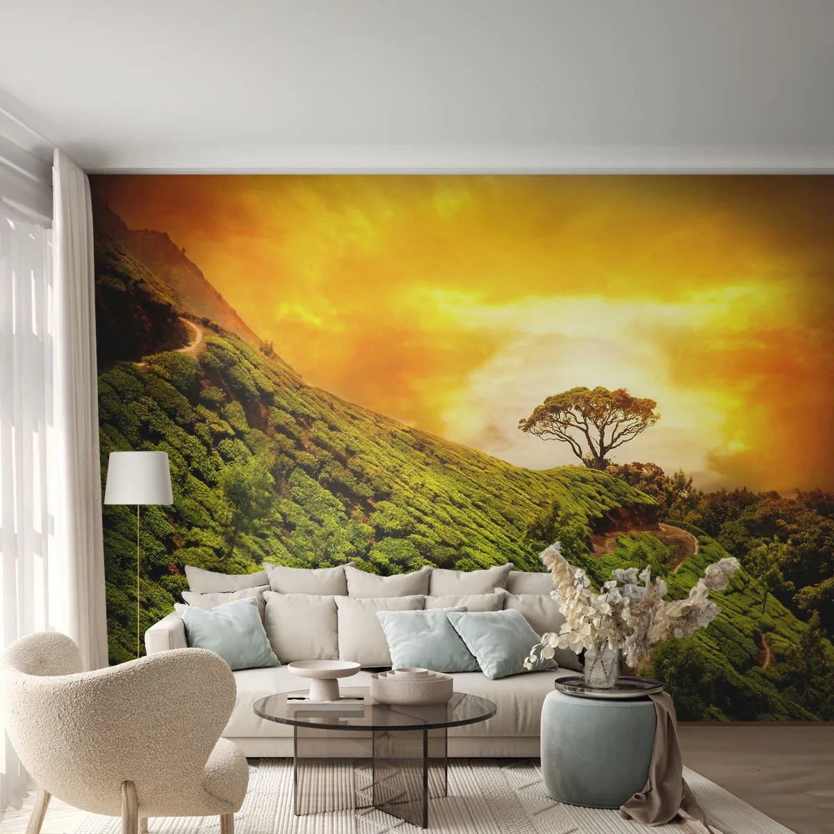Papier Peint Photo Standard Eco - Un chemin sinueux, une pente verte - Paysage, Plantation de thé, Inde - 200x140 cm