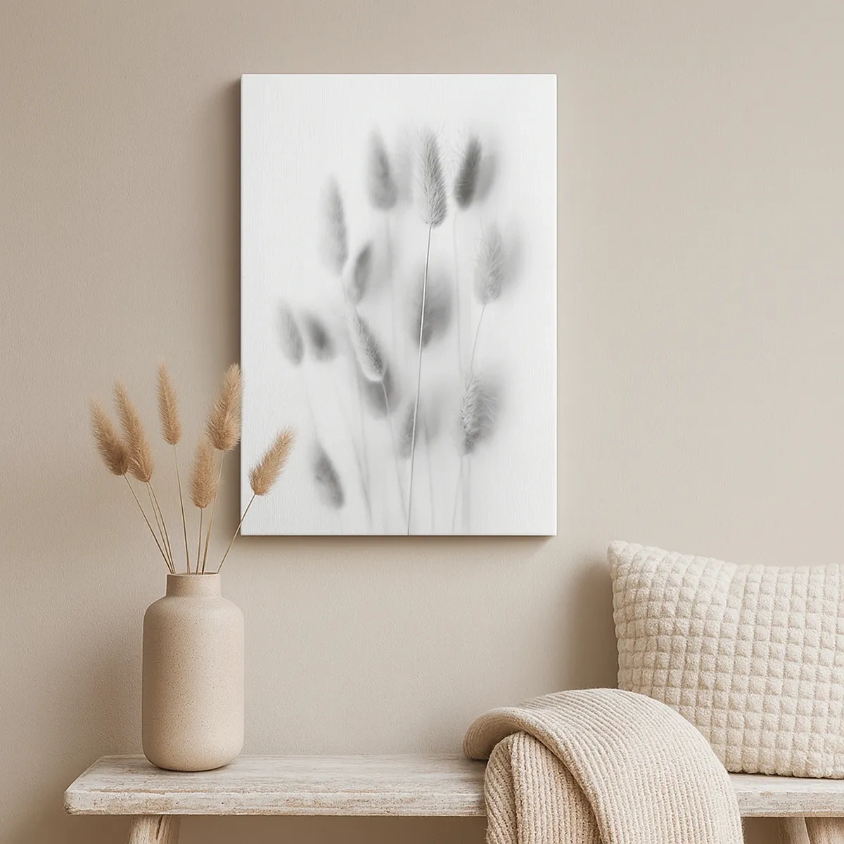 Impression sur toile - Image sur toile - Graminées délicates dans des tons de gris sur fond blanc - 50x70cm - Son herbe duveteuse - Décoration murale moderne pour le salon et la chambre ARTTOR