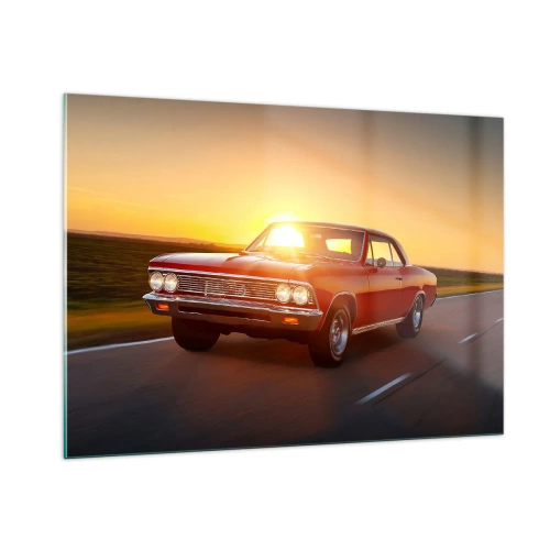 Impression sur verre - Image sur verre - Voiture classique rouge contre le soleil couchant - 100x70cm - Le désir est de couleur rouge - Décoration murale moderne pour le salon et la chambre ARTTOR