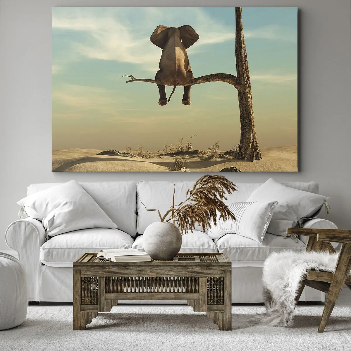 Impression sur toile - Image sur toile - Un éléphant assis sur une branche surplombant un paysage désertique - 70x50cm - Nouveau point de vue - Décoration murale moderne pour le salon et la chambre ARTTOR