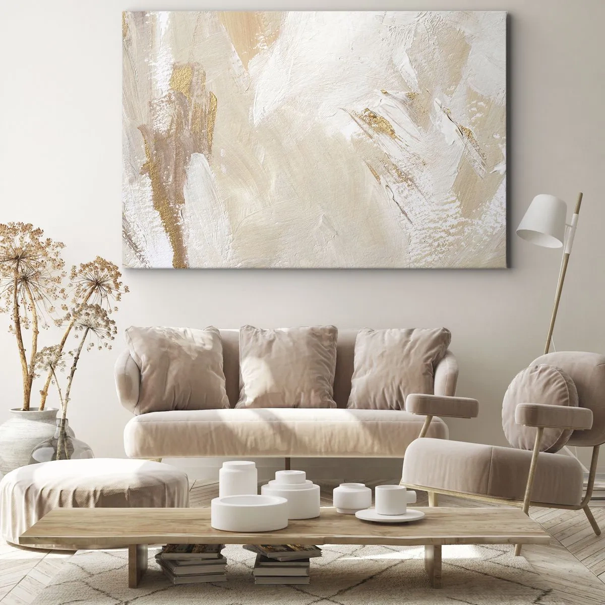 Impression sur toile - Image sur toile - Des tons abstraits délicats dans des tons beiges et dorés - 70x50cm - Composition pastel - Décoration murale moderne pour le salon et la chambre ARTTOR