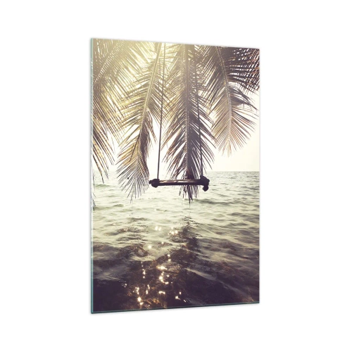 Impression sur verre - Image sur verre - Palmier avec une balançoire au-dessus de l'eau au soleil - 70x100cm - Vous pouvez vous balancer dans les nuages