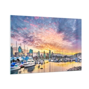 Impression sur verre - Image sur verre - Coucher de soleil sur la marina avec bateaux et gratte-ciels - 100x70cm - La cité aux mille marins - Décoration murale moderne pour le salon et la chambre ARTTOR