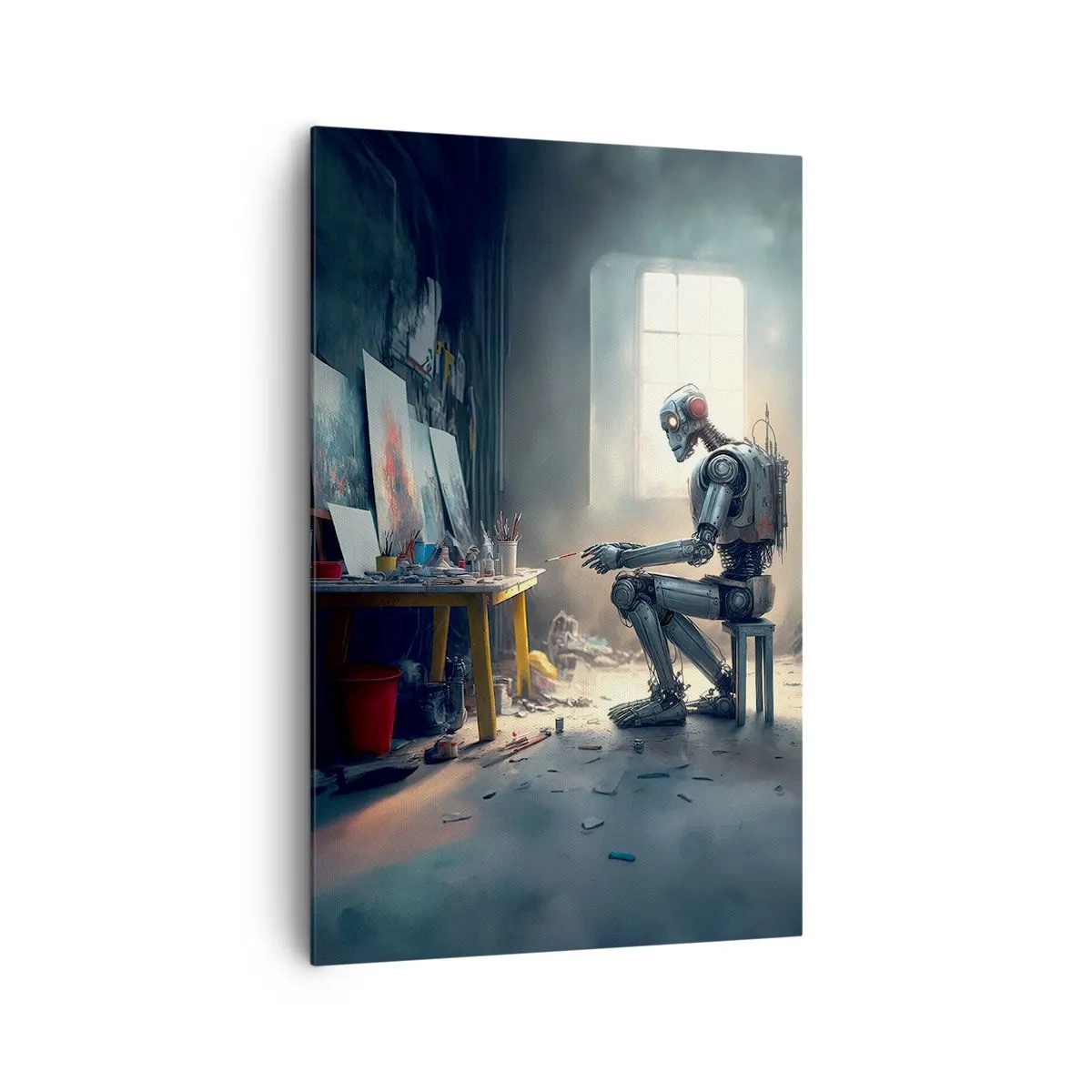Impression sur toile - Image sur toile - Un robot peignant un tableau dans un atelier d'art - 80x120cm - L'acte de création - Décoration murale moderne pour le salon et la chambre ARTTOR