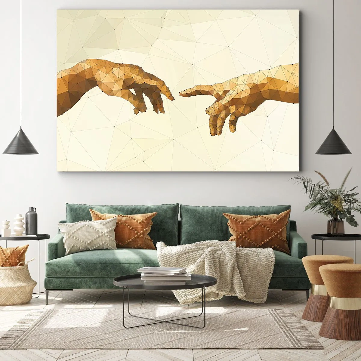 Impression sur toile - Image sur toile - Mains géométriques tendues l'une vers l'autre sur un fond clair - 120x80cm - Géométrie divine - Décoration murale moderne pour le salon et la chambre ARTTOR