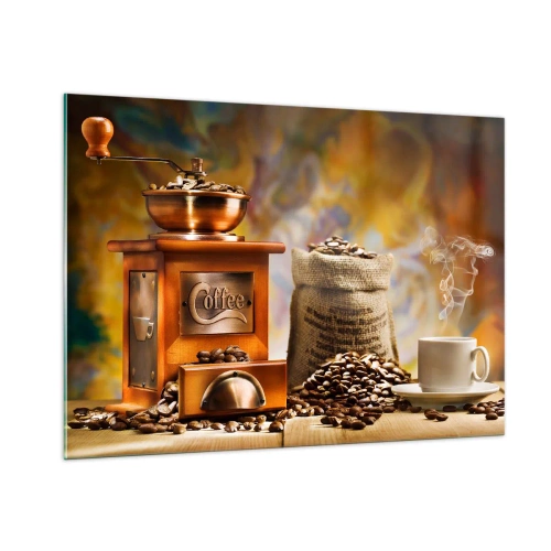 Impression sur verre - Image sur verre - Moulin à café, grains et une tasse sur une table en bois - 100x70cm - Le craquement des grains, le cliquetis d'un moulin - Décoration murale moderne pour le salon et la chambre ARTTOR