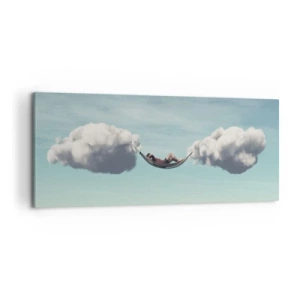 Impression sur toile - Image sur toile - Une personne se détendant dans un hamac suspendu dans les nuages - 120x50cm - Instant de bonheur - Décoration murale moderne pour le salon et la chambre ARTTOR