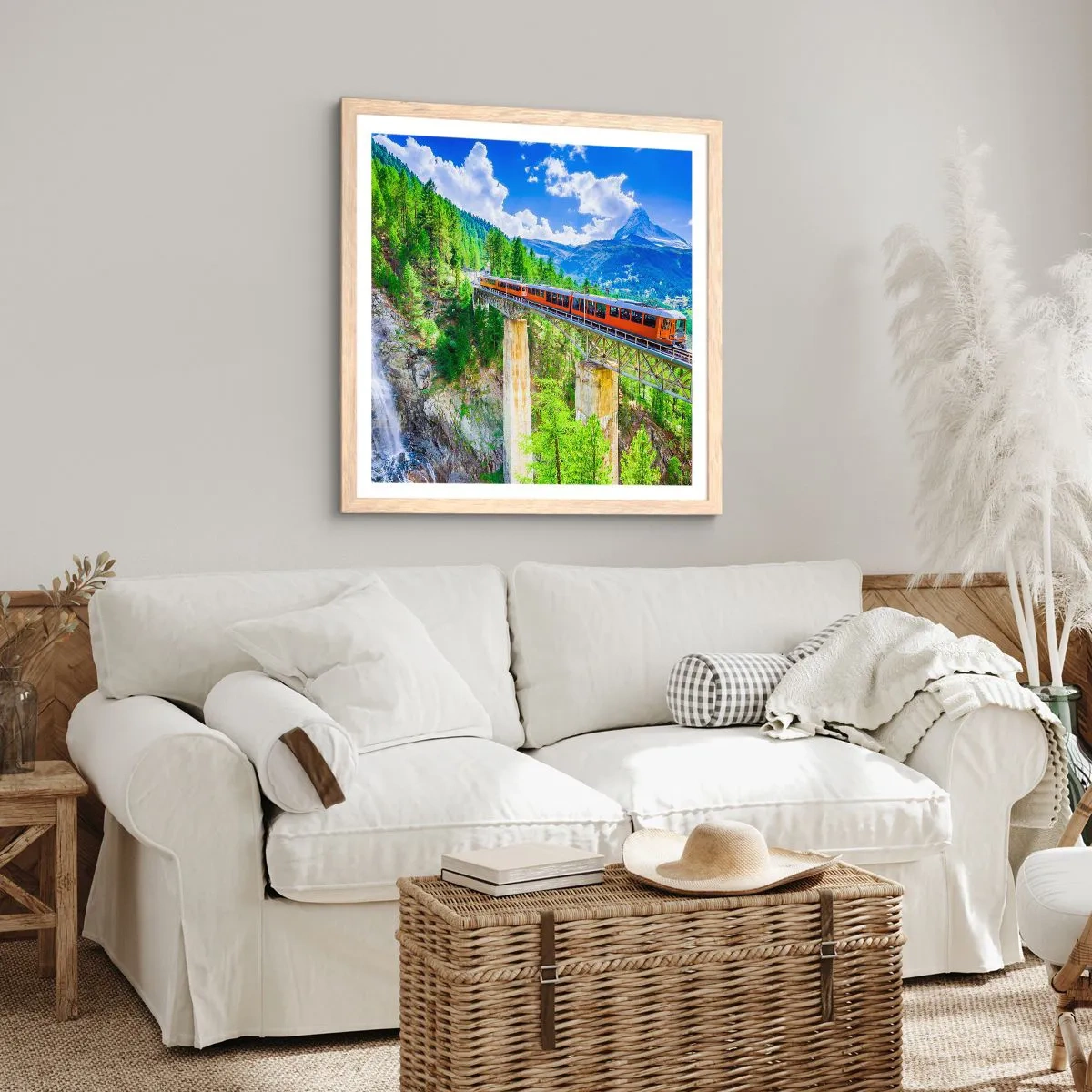 Affiche dans un chêne clair - Poster - Train dans les Alpes - 30x30 cm