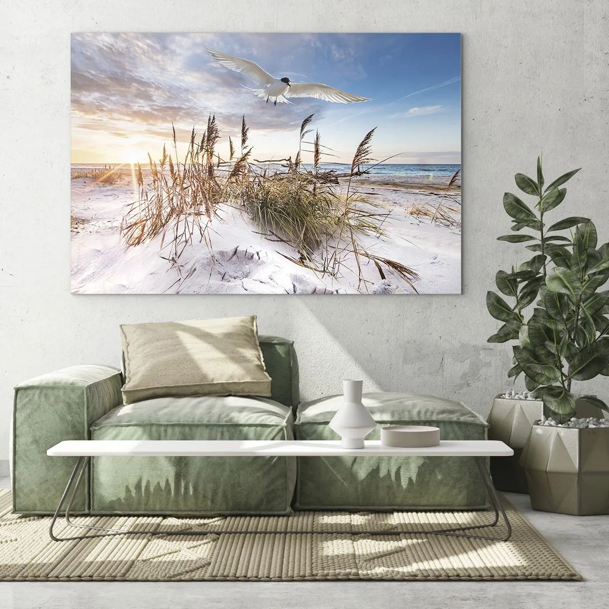 Impression sur verre - Image sur verre - Un oiseau survolant les dunes au coucher du soleil - 120x80cm - Vent de mer - Décoration murale moderne pour le salon et la chambre ARTTOR