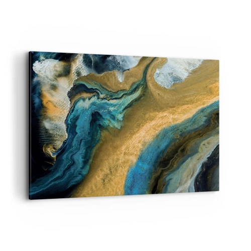 Impression sur toile - Image sur toile - Vagues abstraites dans des tons d'or et de bleu - 120x80cm - Bleu - jaune - influences mutuelles - Décoration murale moderne pour le salon et la chambre ARTTOR