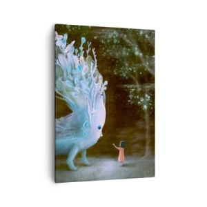 Impression sur toile - Image sur toile - La figure d'une fille face à une créature fantastique - 50x70cm - Une rencontre fantastique - Décoration murale moderne pour le salon et la chambre ARTTOR