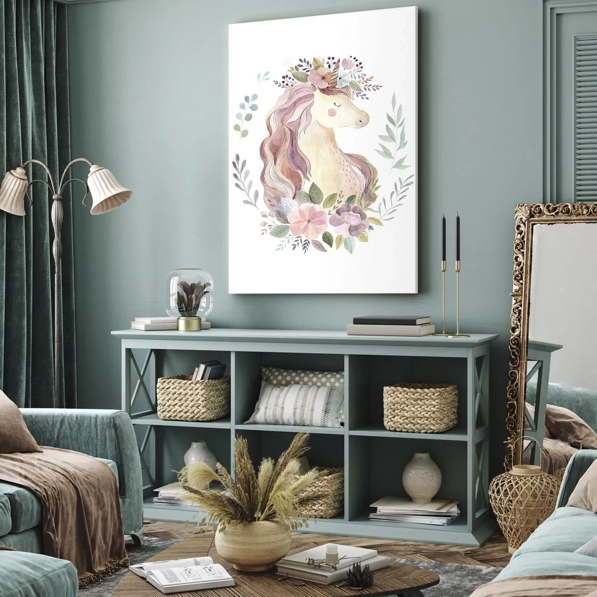 Impression sur toile - Image sur toile - Une licorne aux couleurs pastel entourée de fleurs - 80x120cm - Invitation au monde des contes de fées - Décoration murale moderne pour le salon et la chambre ARTTOR