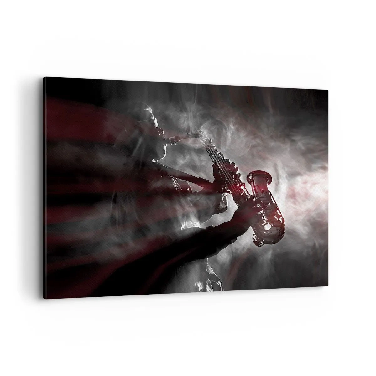 Impression sur toile - Image sur toile - Saxophoniste en fumée sur scène en noir et rouge atmosphérique - 120x80cm - Dans les brumes du jazz - Décoration murale moderne pour le salon et la chambre ARTTOR