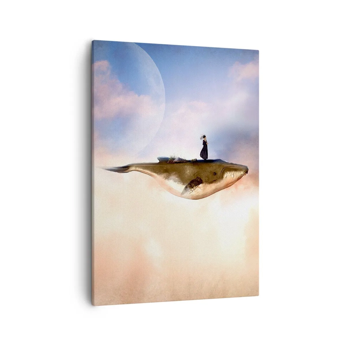 Impression sur toile - Image sur toile - Une scène fantastique d'une femme sur une baleine parmi les nuages - 50x70cm - Voyage irréel - Décoration murale moderne pour le salon et la chambre ARTTOR