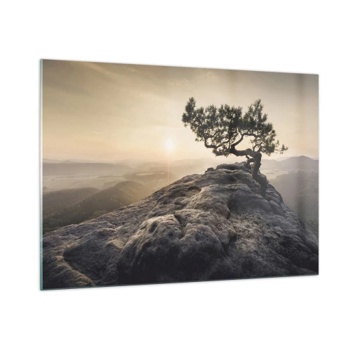Impression sur verre - Image sur verre - Un arbre sur un rocher à la lumière du soleil levant - 100x70cm - La vie gagne toujours - Décoration murale moderne pour le salon et la chambre ARTTOR
